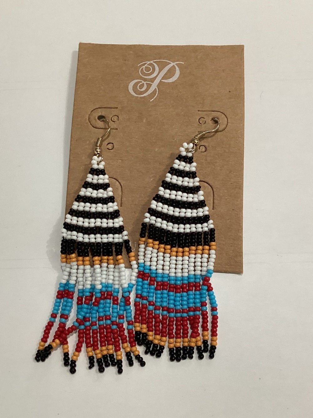 Plunder Beaded Fringe Earrings‎ in Black, White, Turquoise, Red & Gold